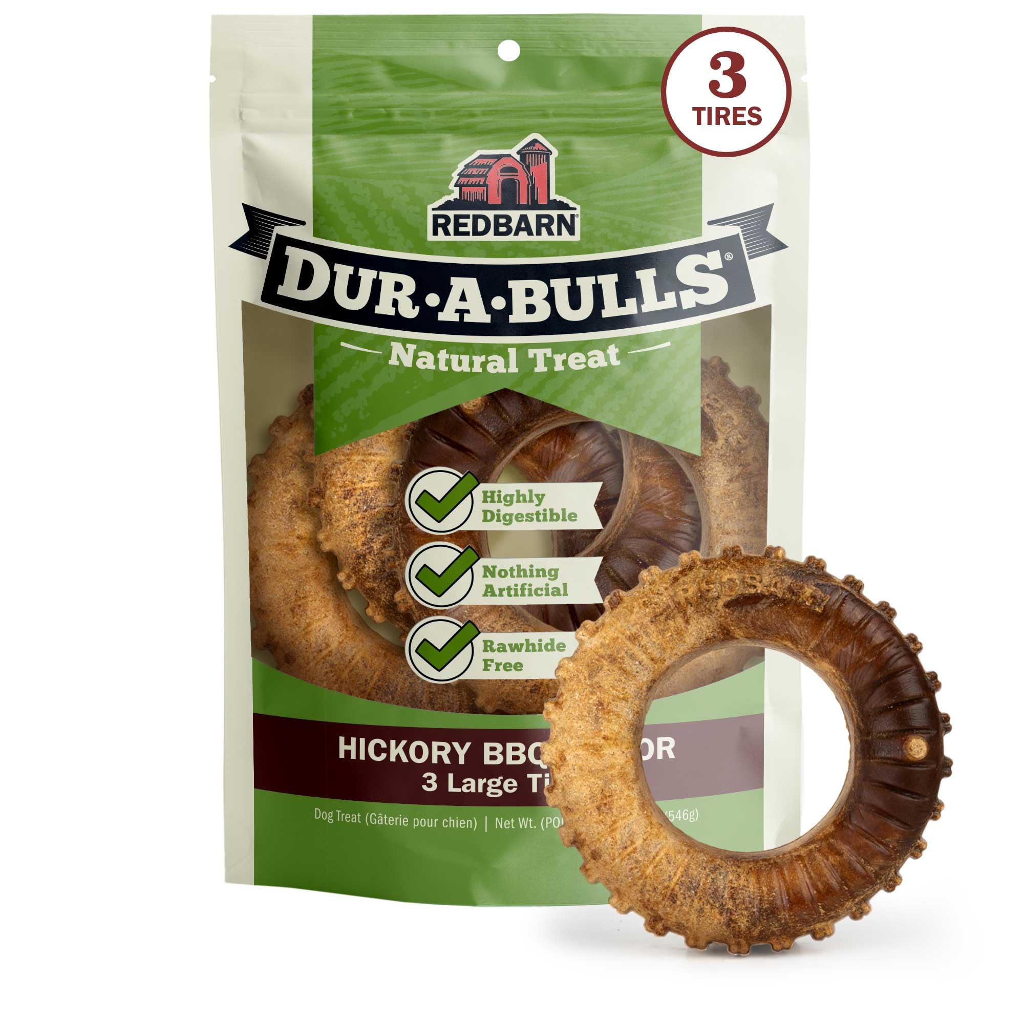 Redbarn Dur-A-Bulls emballage triple roues, saveur fumée au bois et sans plastique.