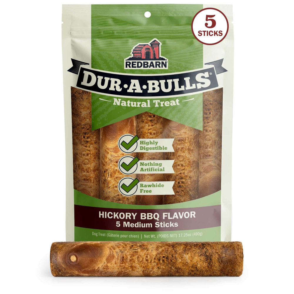 Redbarn Dur-A-Bulls emballage: friandise naturelle sans plastique pour chiens.