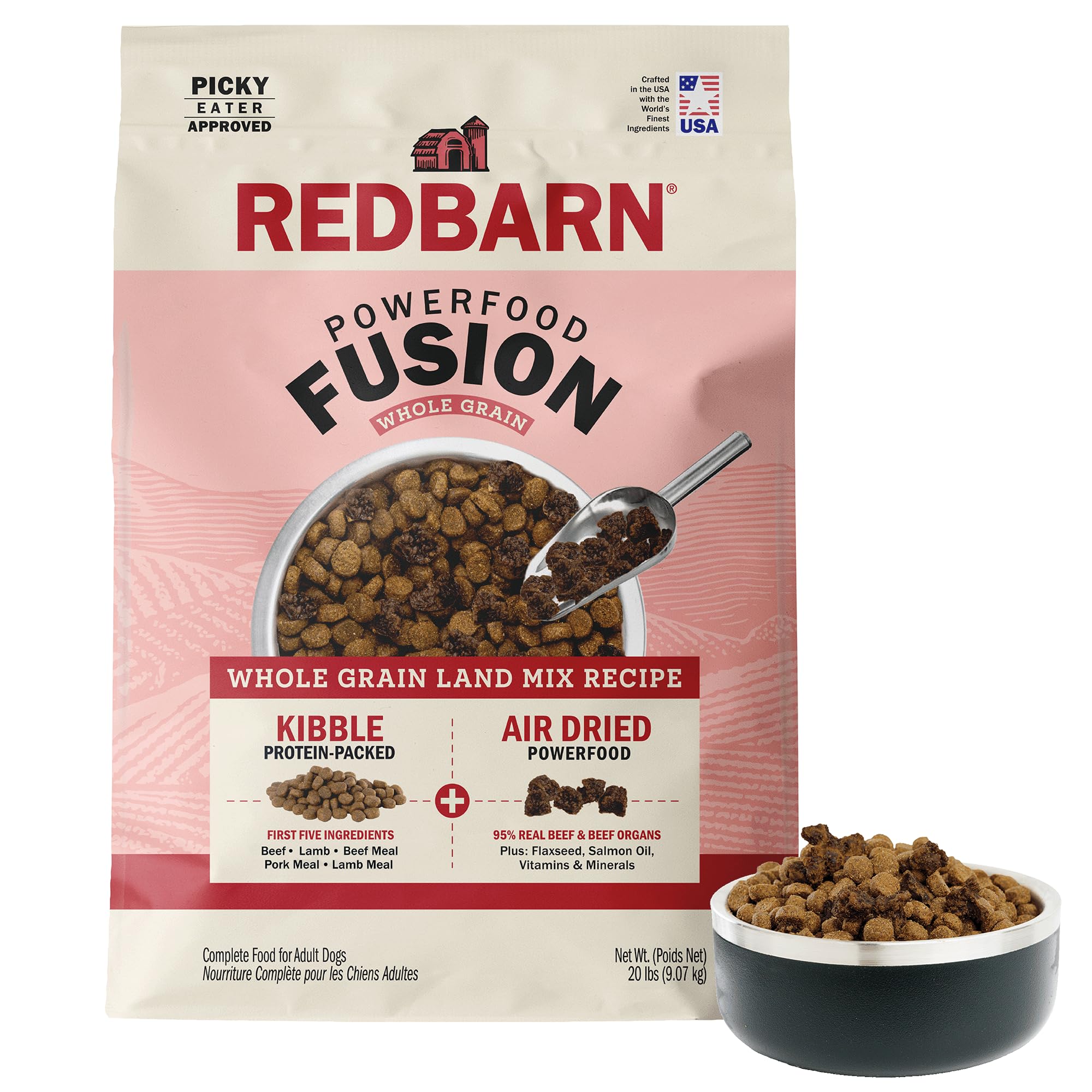 Redbarn Powerfood Fusion croquettes premium visibles, soutien énergie quotidienne pour chien.