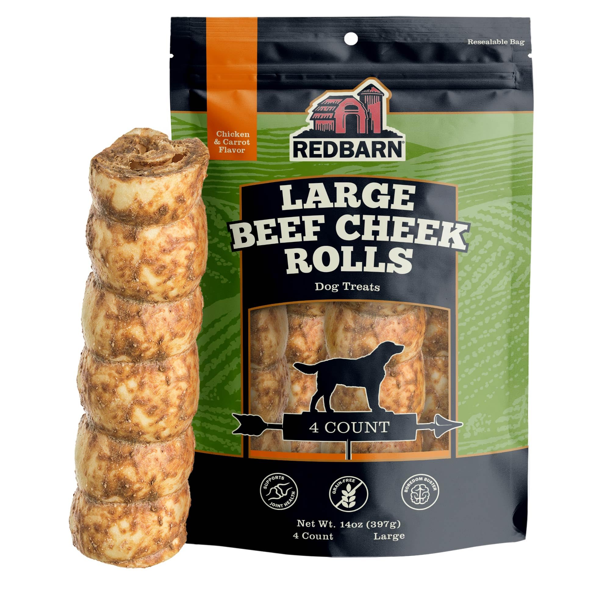 Redbarn Rouleaux de joue boeuf – emballage variable, friandise pratique pour chiens.