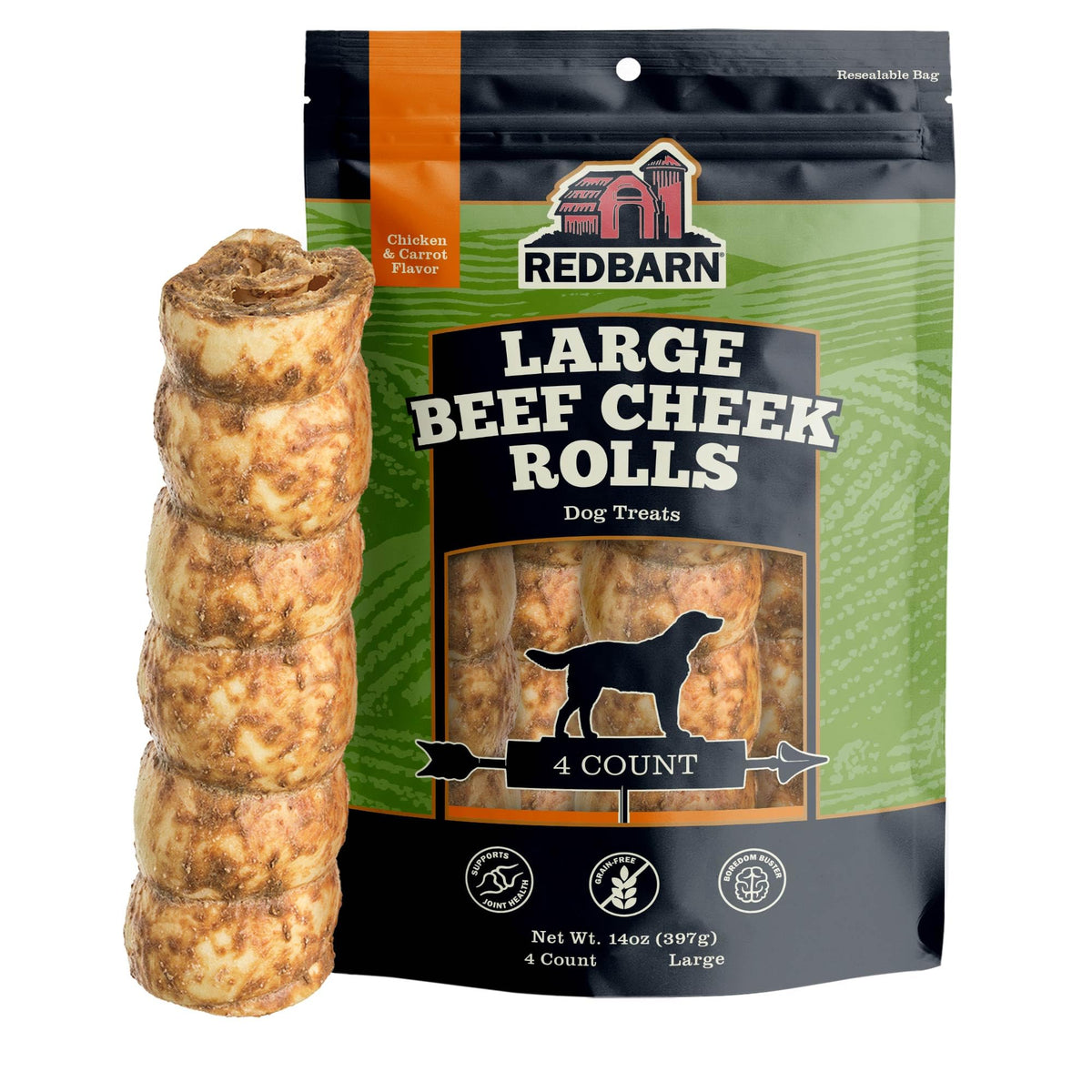 Redbarn Rouleaux de joue boeuf – emballage variable, friandise pratique pour chiens.