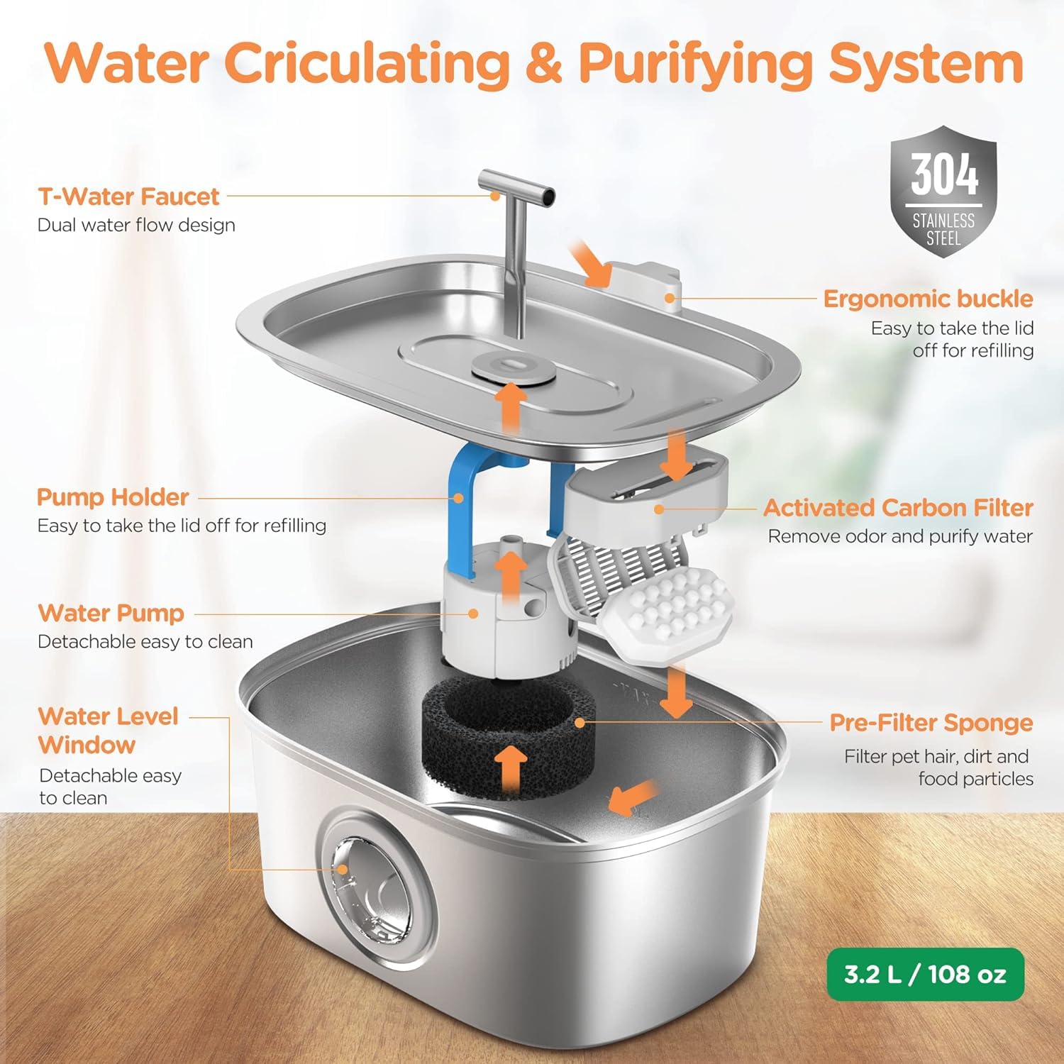 Rellaty fontaine chat en acier inoxydable avec flux d'eau double