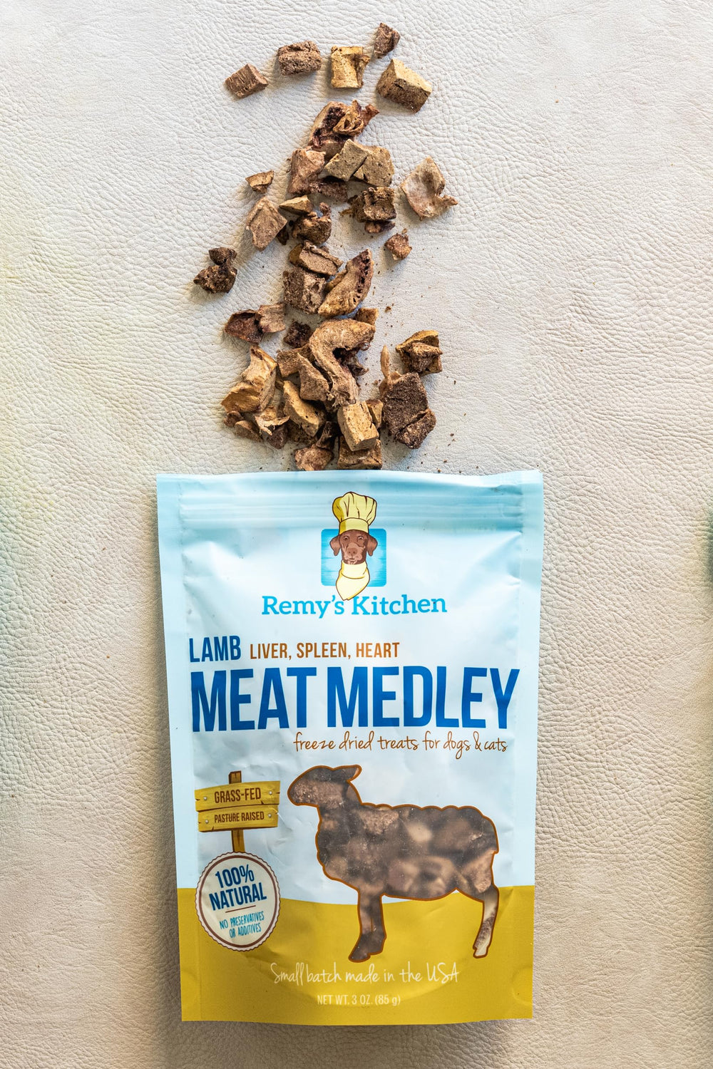 Remy’s Kitchen Meat Medley – emballage arrière, ingrédients naturels sans additifs.