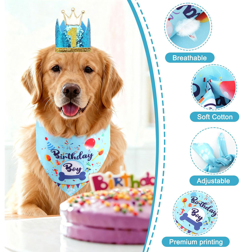 Chapeau anniversaire Rensh bleu pour chien, chiffres imprimés et boucle réglable.