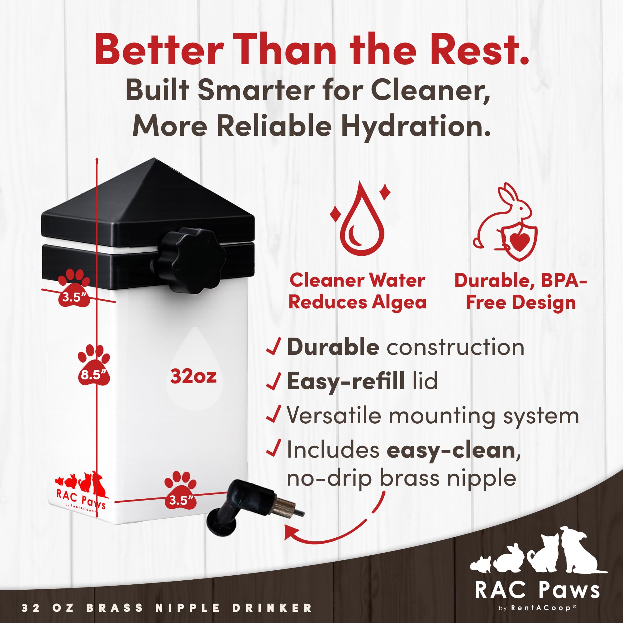 RentACoop tétine en laiton anti-goutte offrant une hydratation fiable.