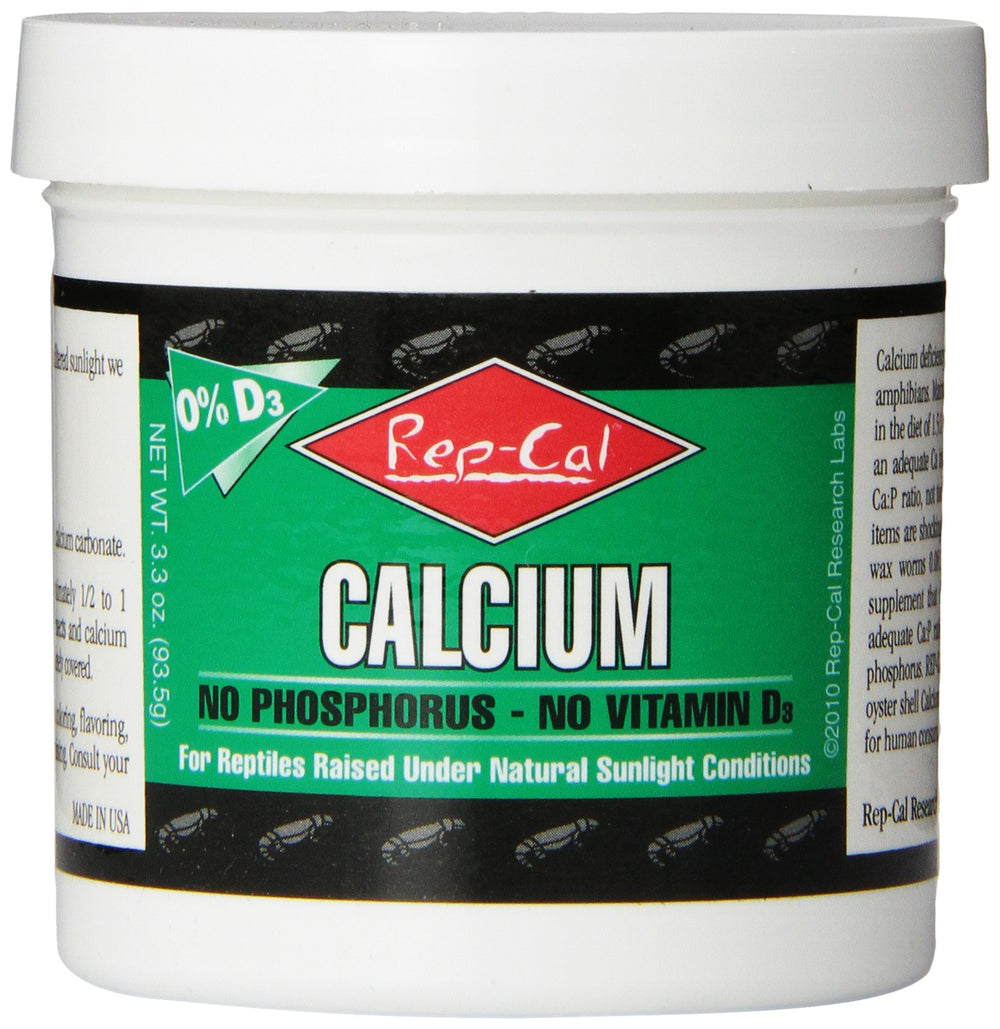 Rep-Cal poudre calcium sans phosphore, emballage pratique pour dosage quotidien.