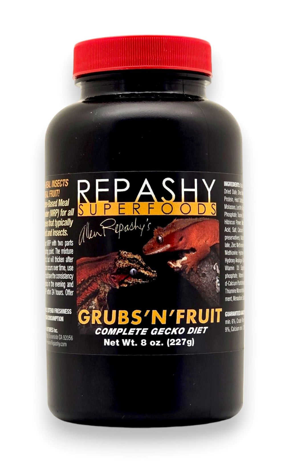 Repashy Grubs N’ Fruit Gecko Diet dans son bocal, aliment complet pour geckos fruitivores.