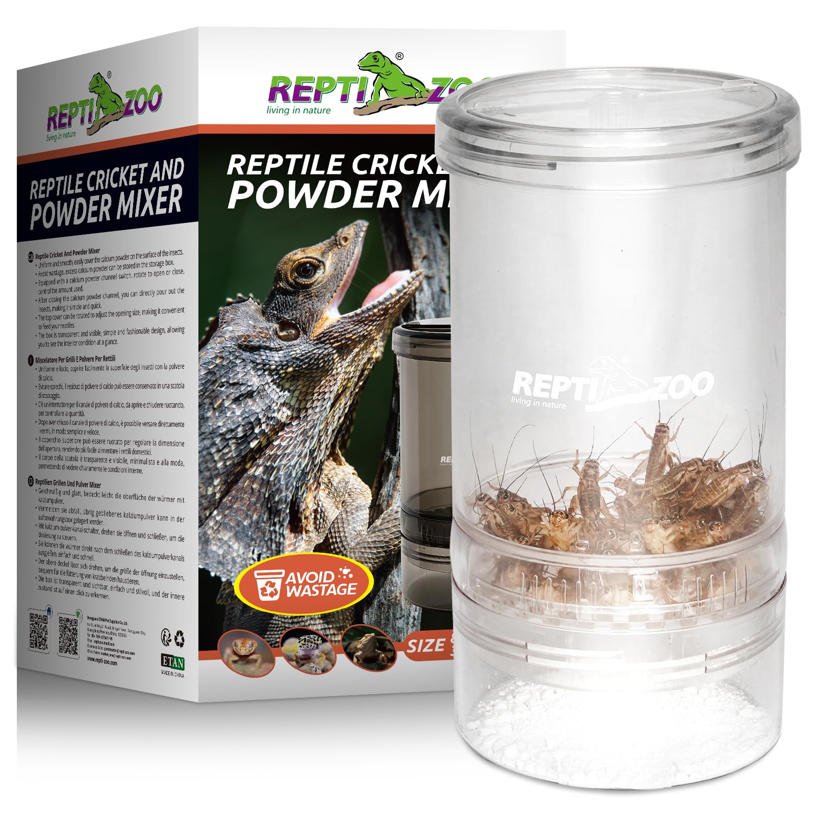 Mélangeur poudre-criquets REPTI ZOO transparent pour observer le mélange.