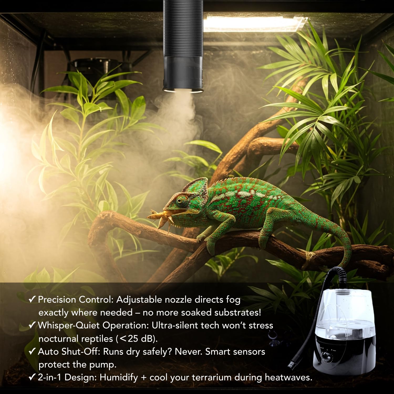 Brume réglable du brumisateur ReptiKing pour vivarium et serre.
