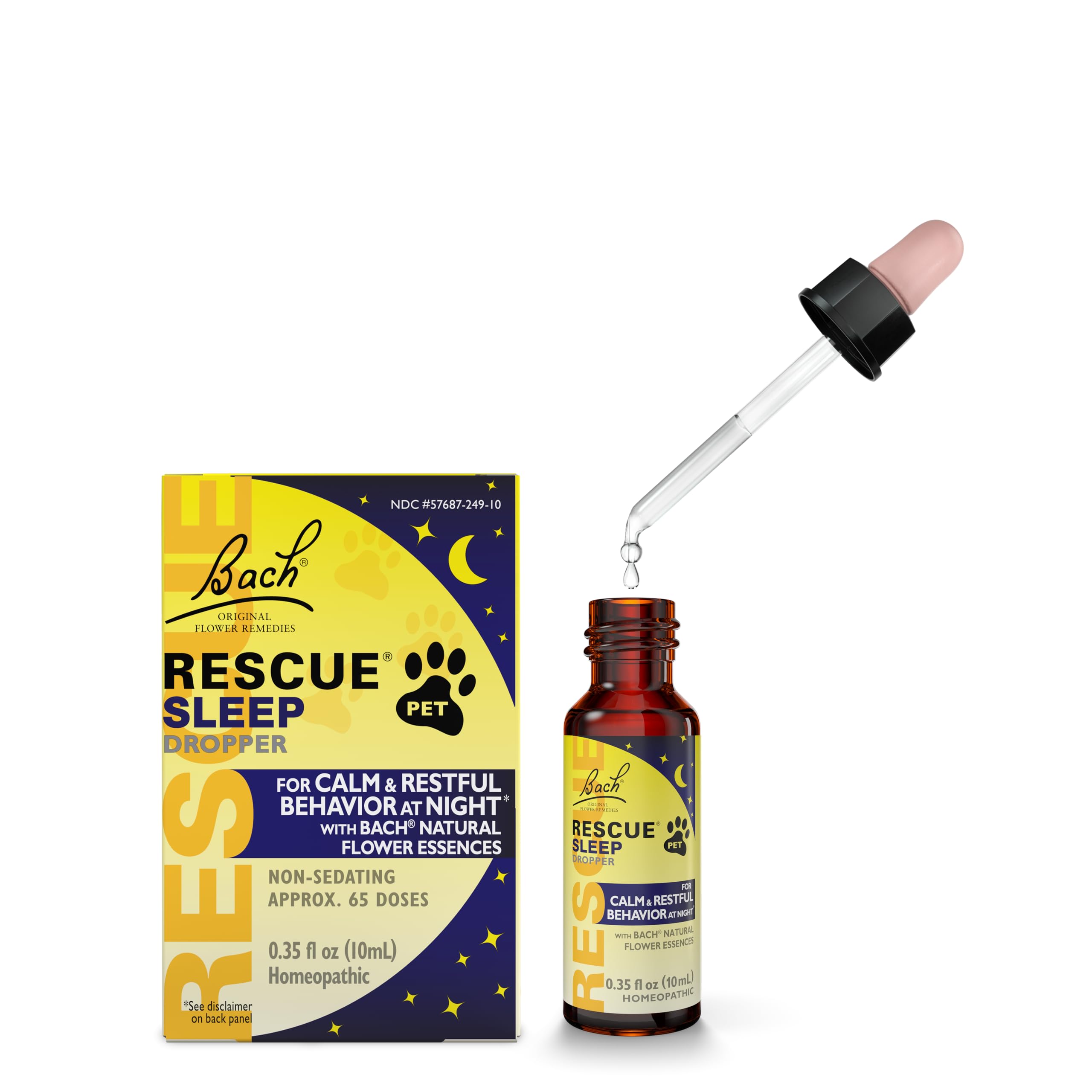 RESCUE gouttes pour animaux, bouteille visible, favorise le calme nocturne.
