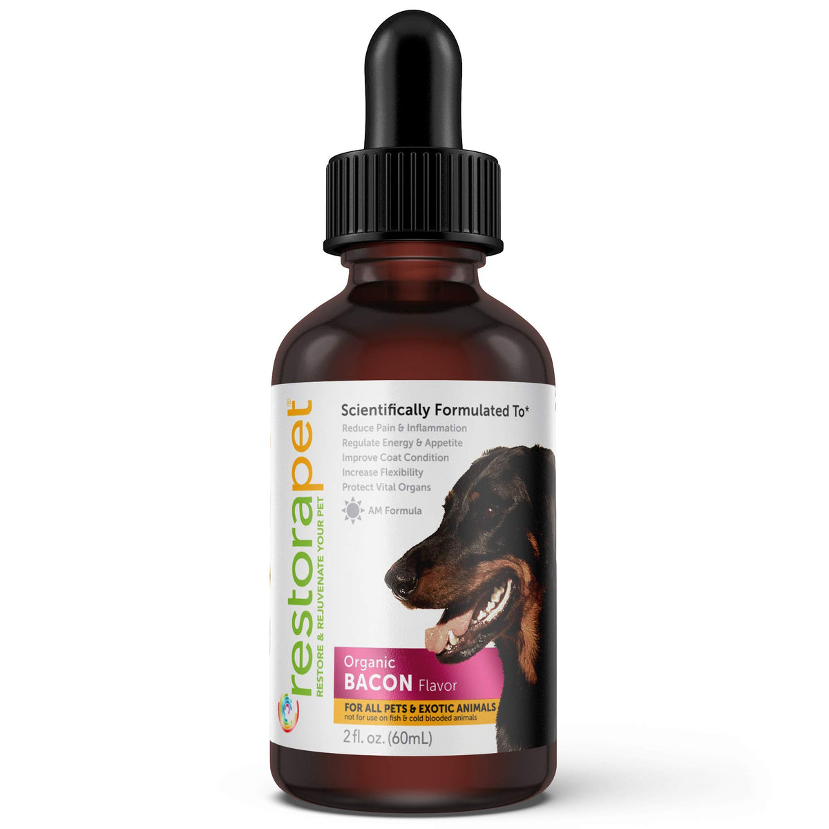 RestoraPet AM Bacon – Bouteille présentée, soutien cellulaire potentiel et compléments nutritionnels.