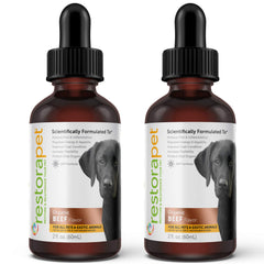 RestoraPet liquide multivitamine boeuf – bouteille transparente favorisant mobilité.