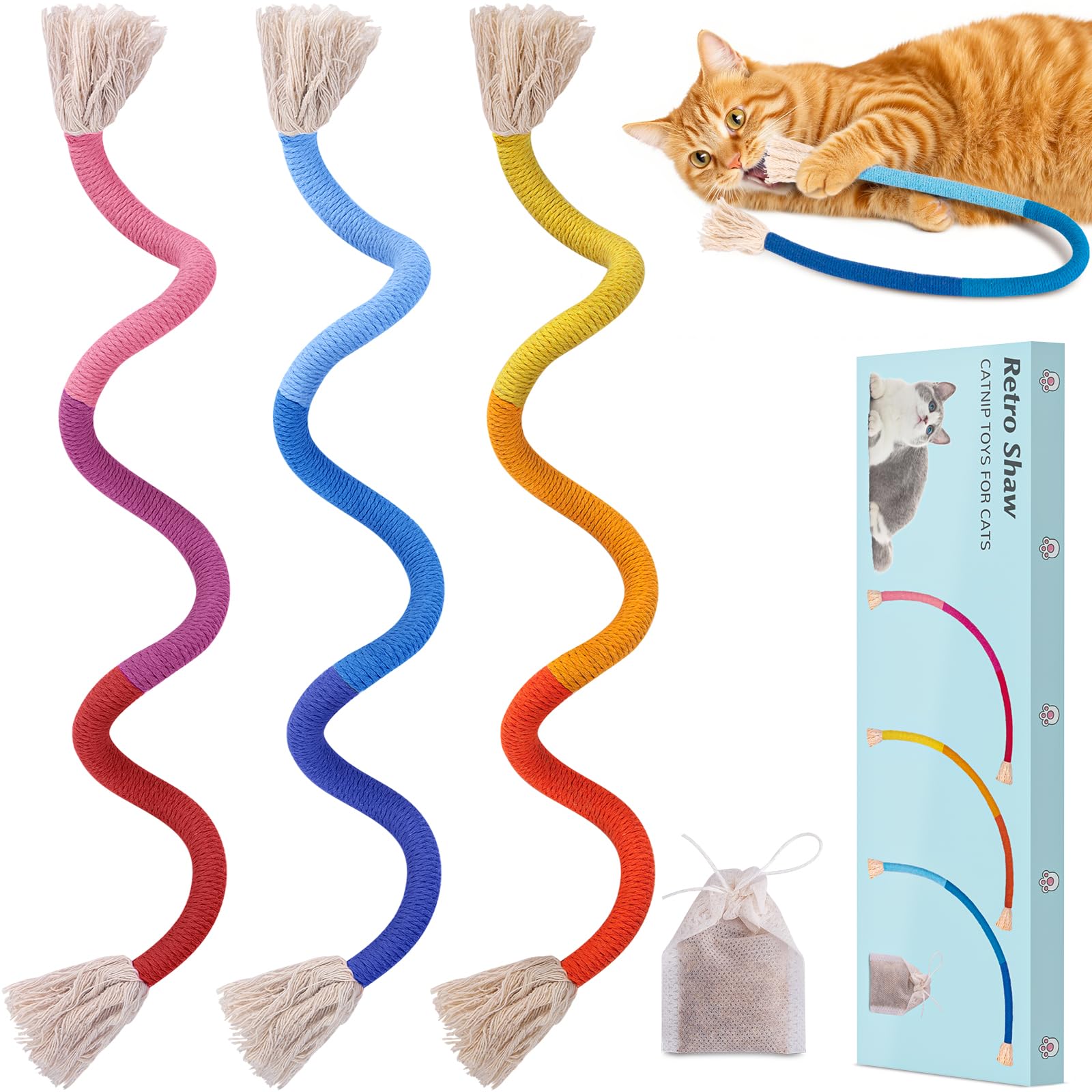 Retro Shaw ensemble-triple-cordes-chat avec herbe à chat, stimulation ludique pour chat intérieur