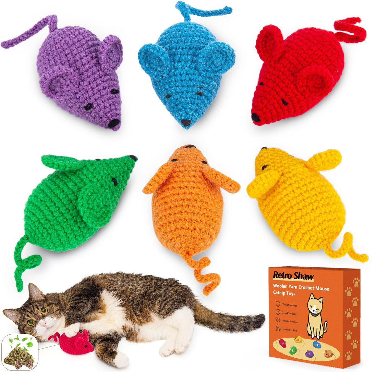 Souris crochetée Retro Shaw avec catnip et verveine argentée pour stimuler le jeu.