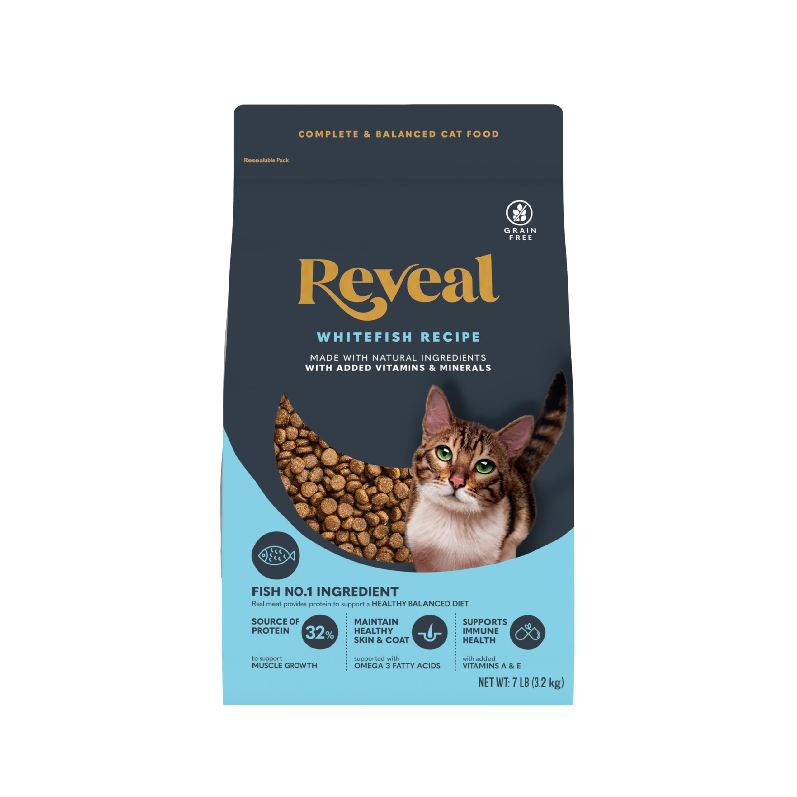 Reveal alimentation sèche pour chat adulte, protéine élevée et goût naturel.