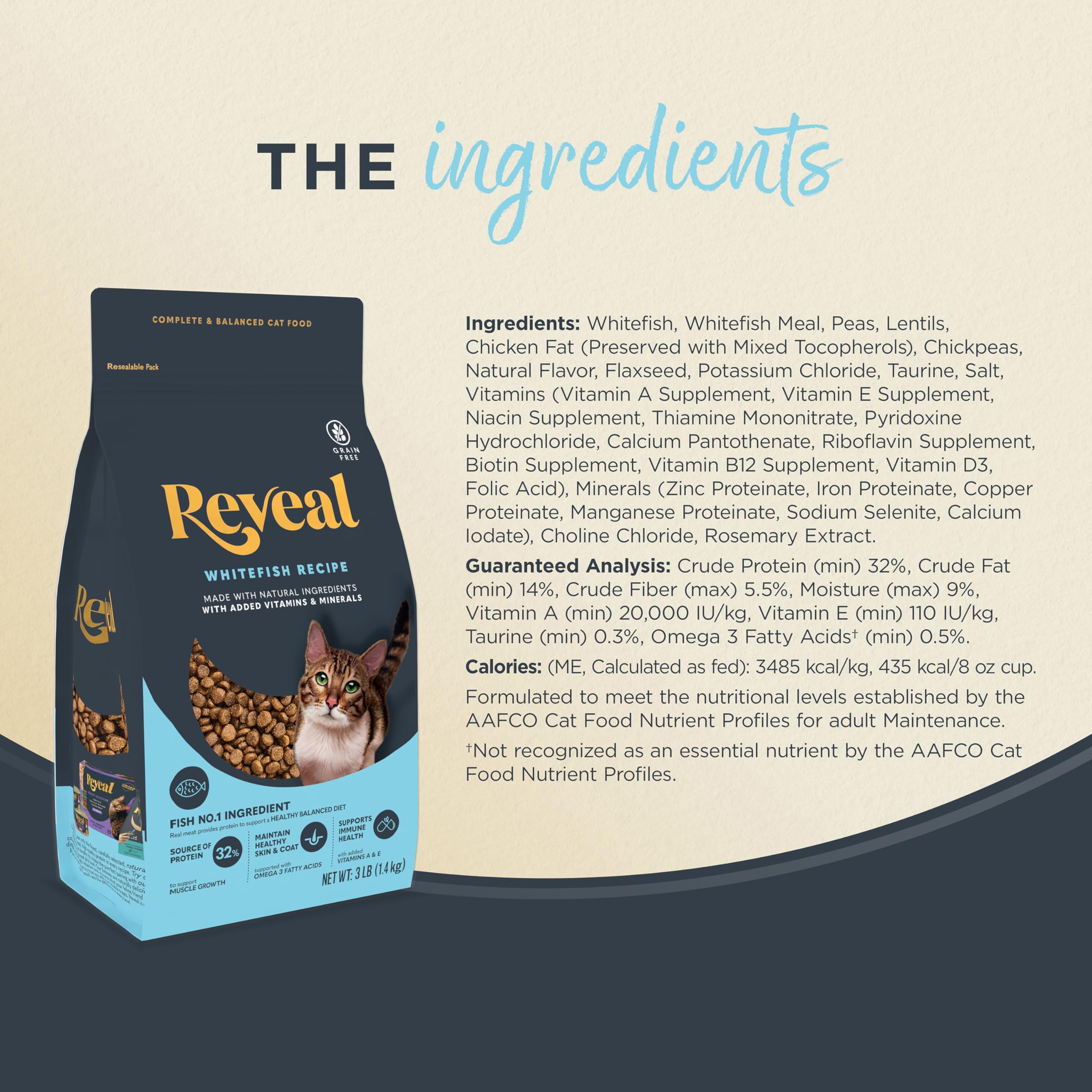 Reveal alimentation sèche sans céréales pour chat adulte, ingrédients simples.