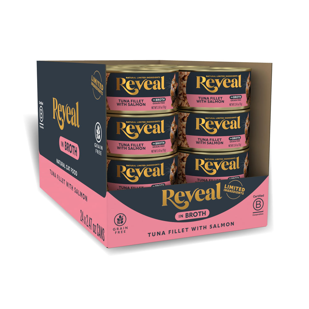 Reveal chat saumon-thon dans bouillon hydratant pour une dégustation riche.