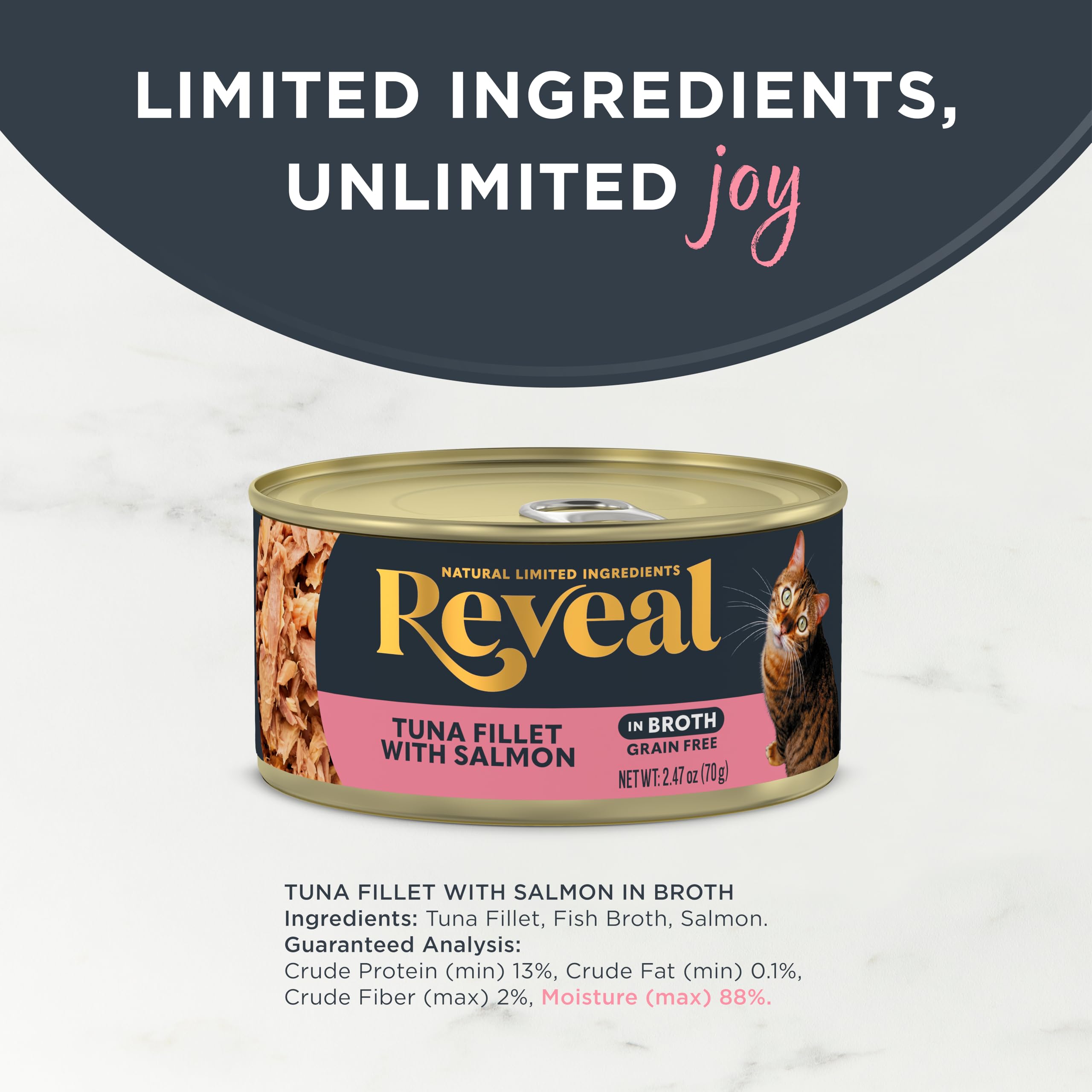 Ingrédients naturels Reveal sans additifs pour chats exigeants.