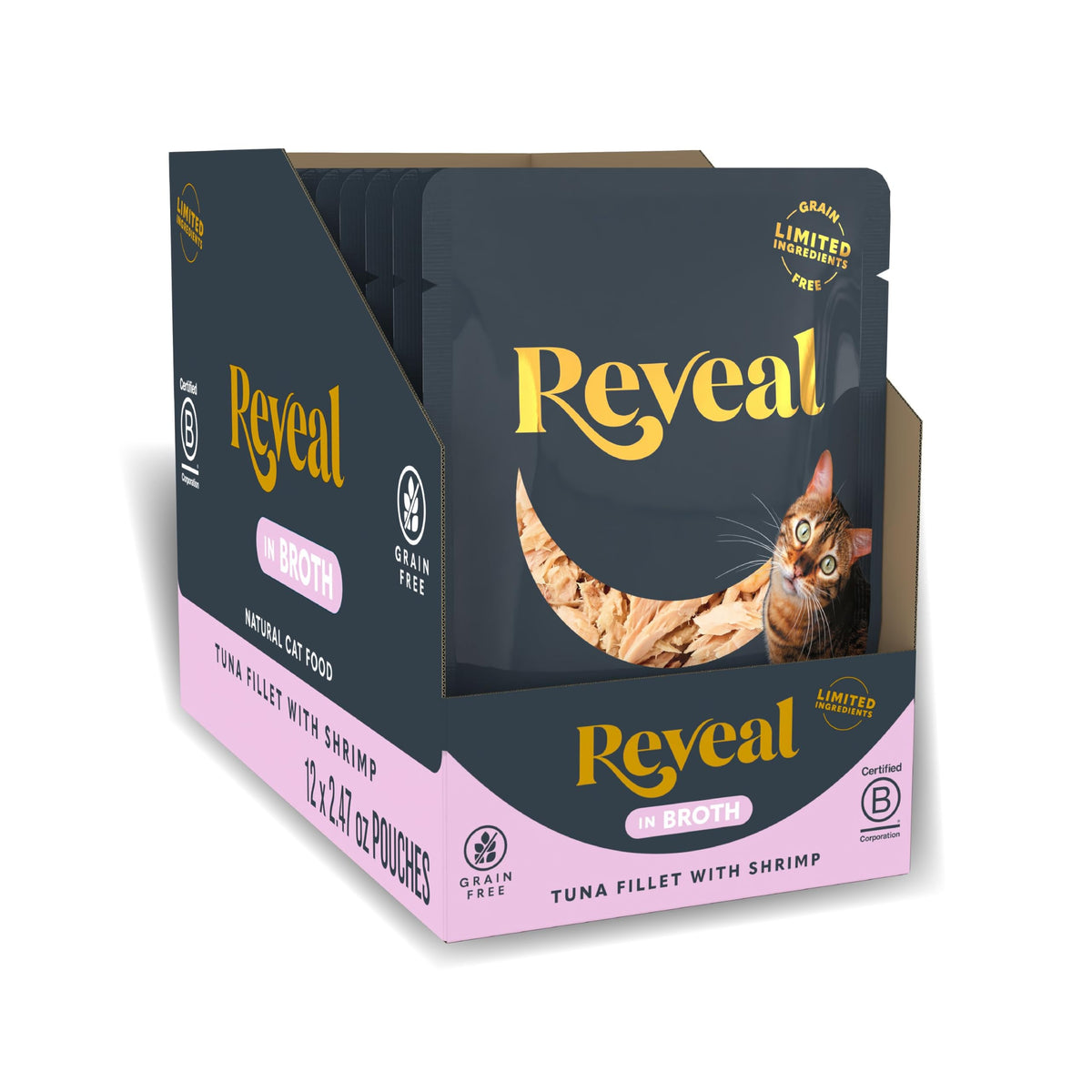 Reveal alimentation humide chat: thon-filet et crevettes dans bouillon, hydratation et plaisir.