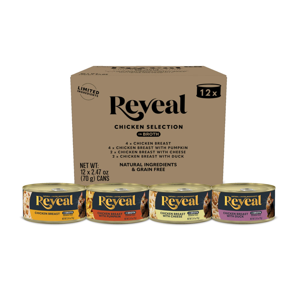Reveal nourriture humide pour chat poulet dans bouillon, hydratation naturelle et goût authentique.