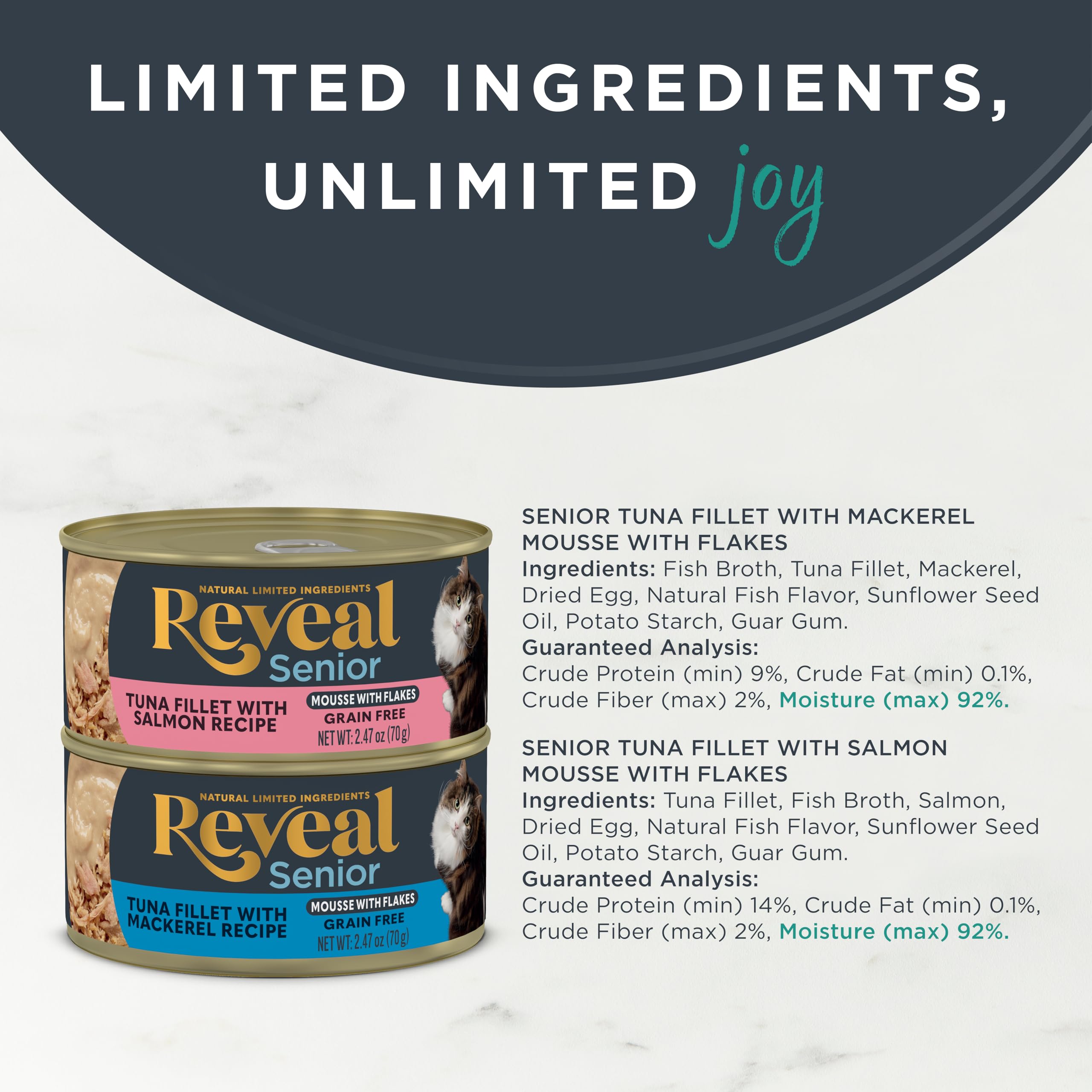 Reveal Chat Senior: mousse sans additifs, alimentation naturelle sélectionnée.