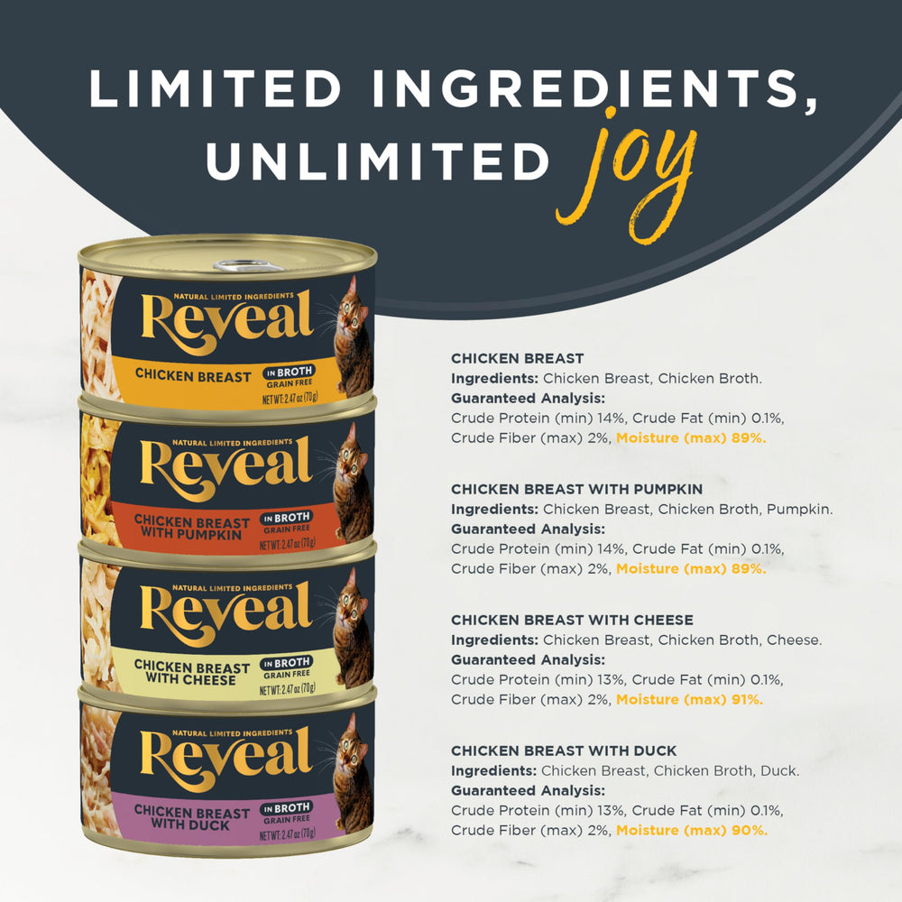 Reveal variété saveurs pour chat poulet et poisson, textures variées pour le repas.