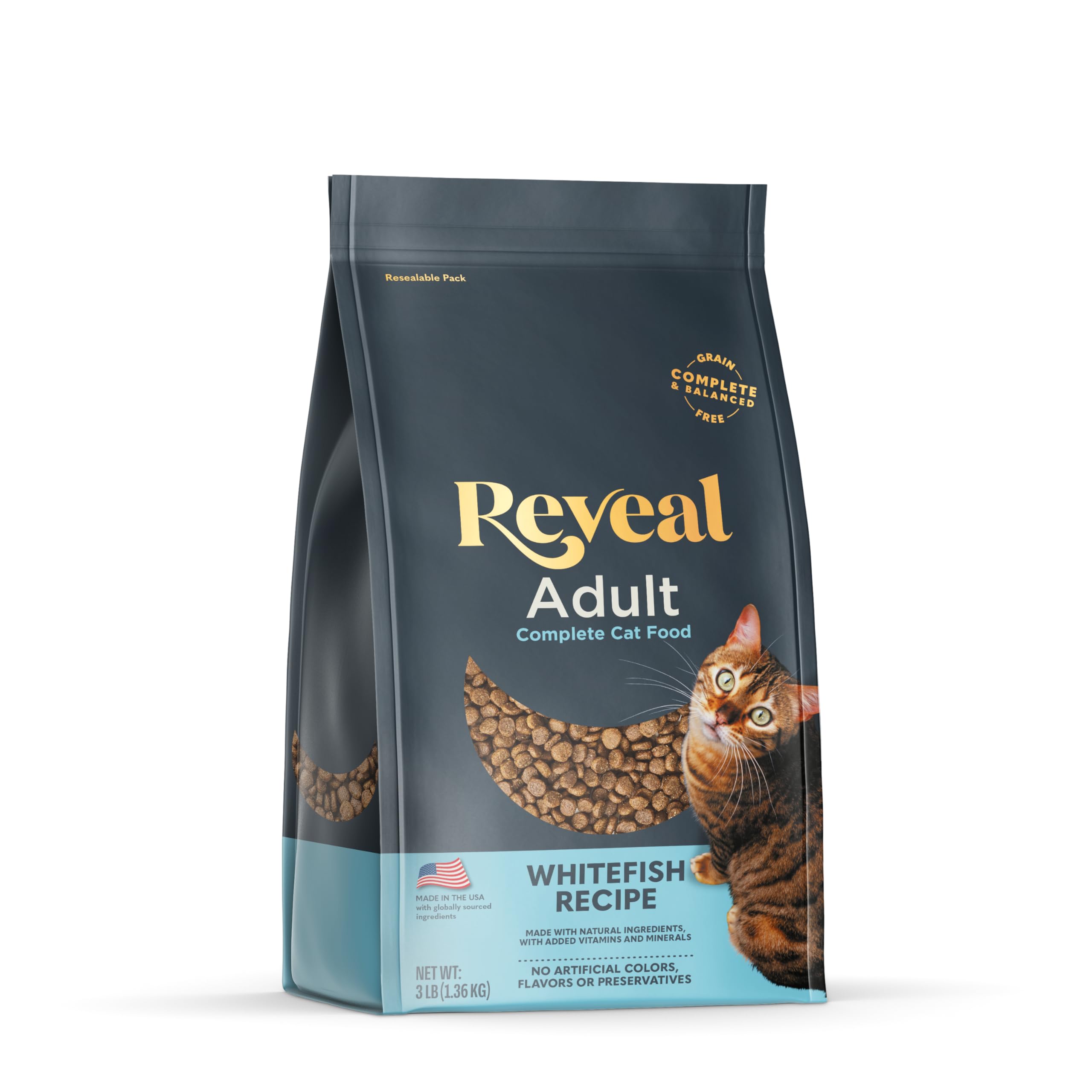 Reveal croquettes chat : emballage sac de 1,36 kg, pratique pour l’alimentation quotidienne.