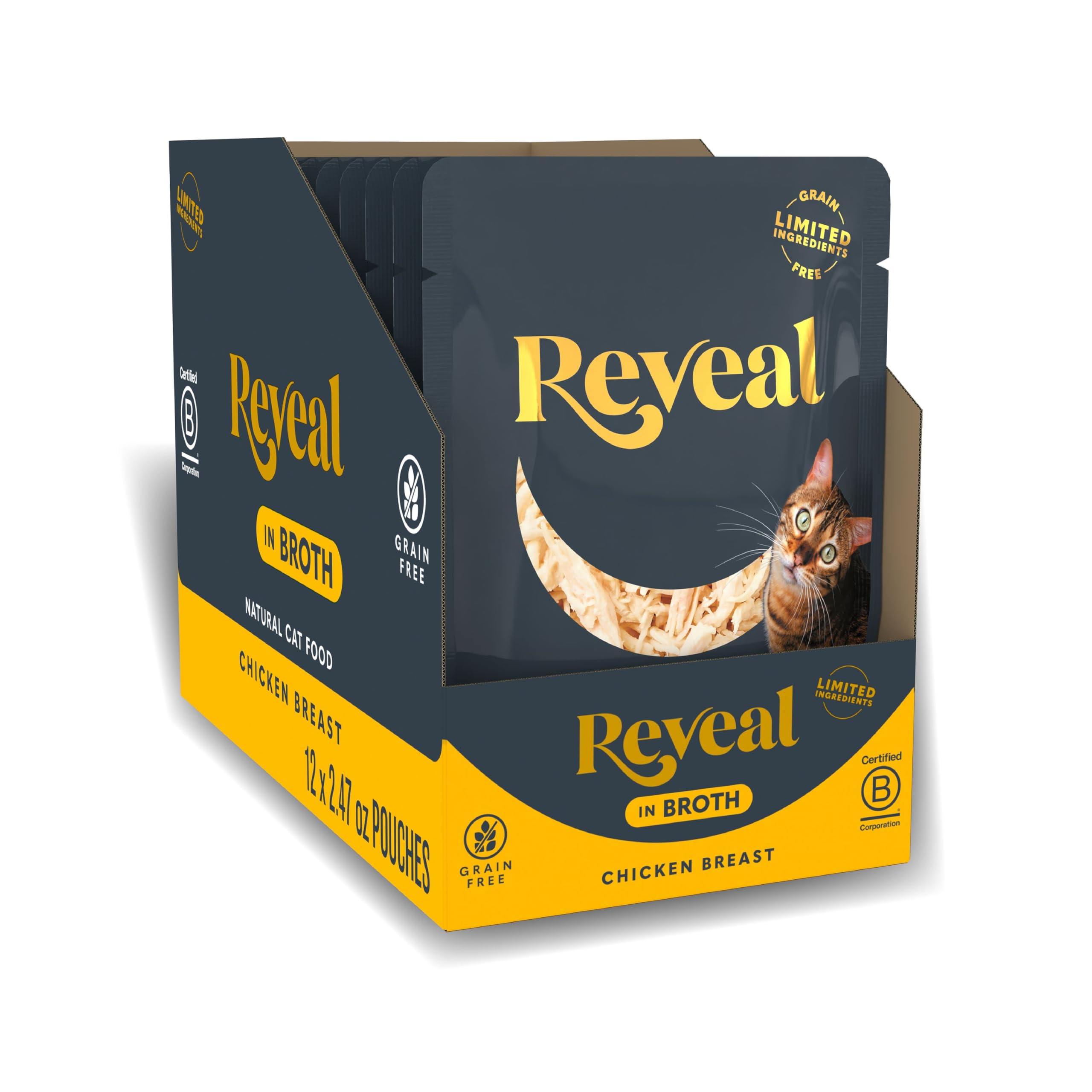 Reveal – emballage chat naturel montrant des ingrédients simples et transparents.