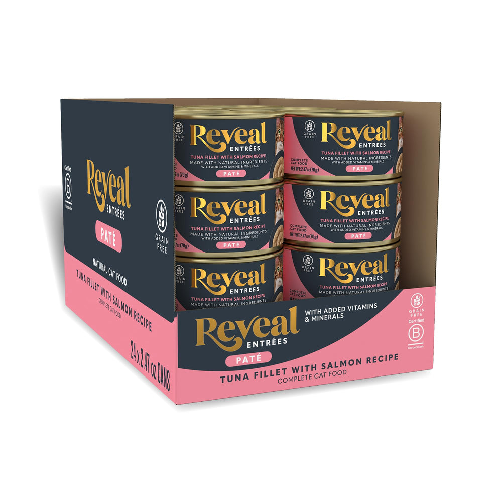Reveal Entrees pâté chat thon saumon : texture soyeuse et appétence élevée.