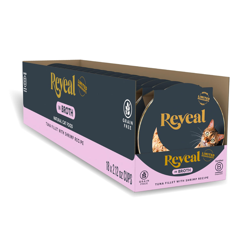 Reveal filet-thon crevettes dans bouillon, repas humide riche en protéines pour chat.