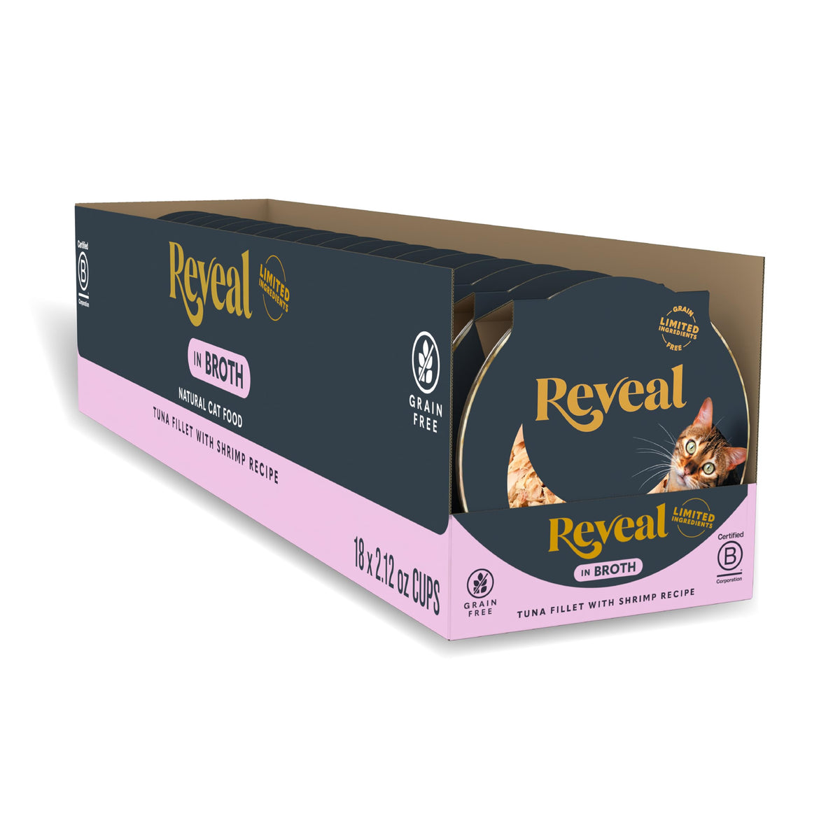 Reveal filet-thon crevettes dans bouillon, repas humide riche en protéines pour chat.