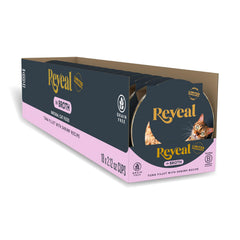 Reveal filet-thon crevettes dans bouillon, repas humide riche en protéines pour chat.