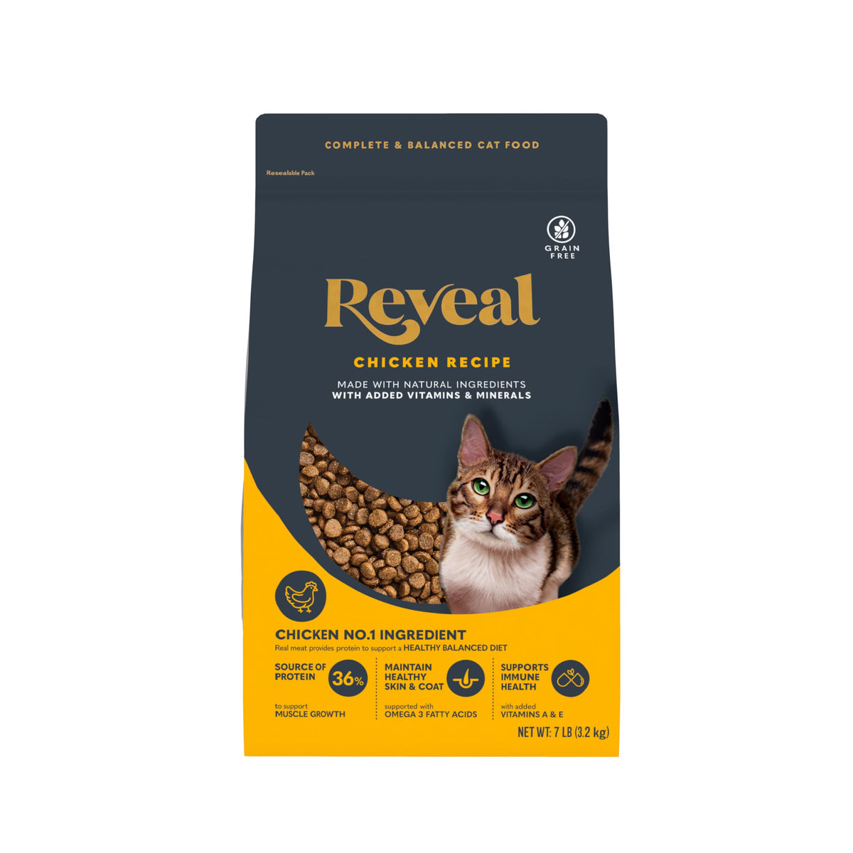 Sac Reveal - nourriture sèche chat au poulet, pratique et économique pour le quotidien.