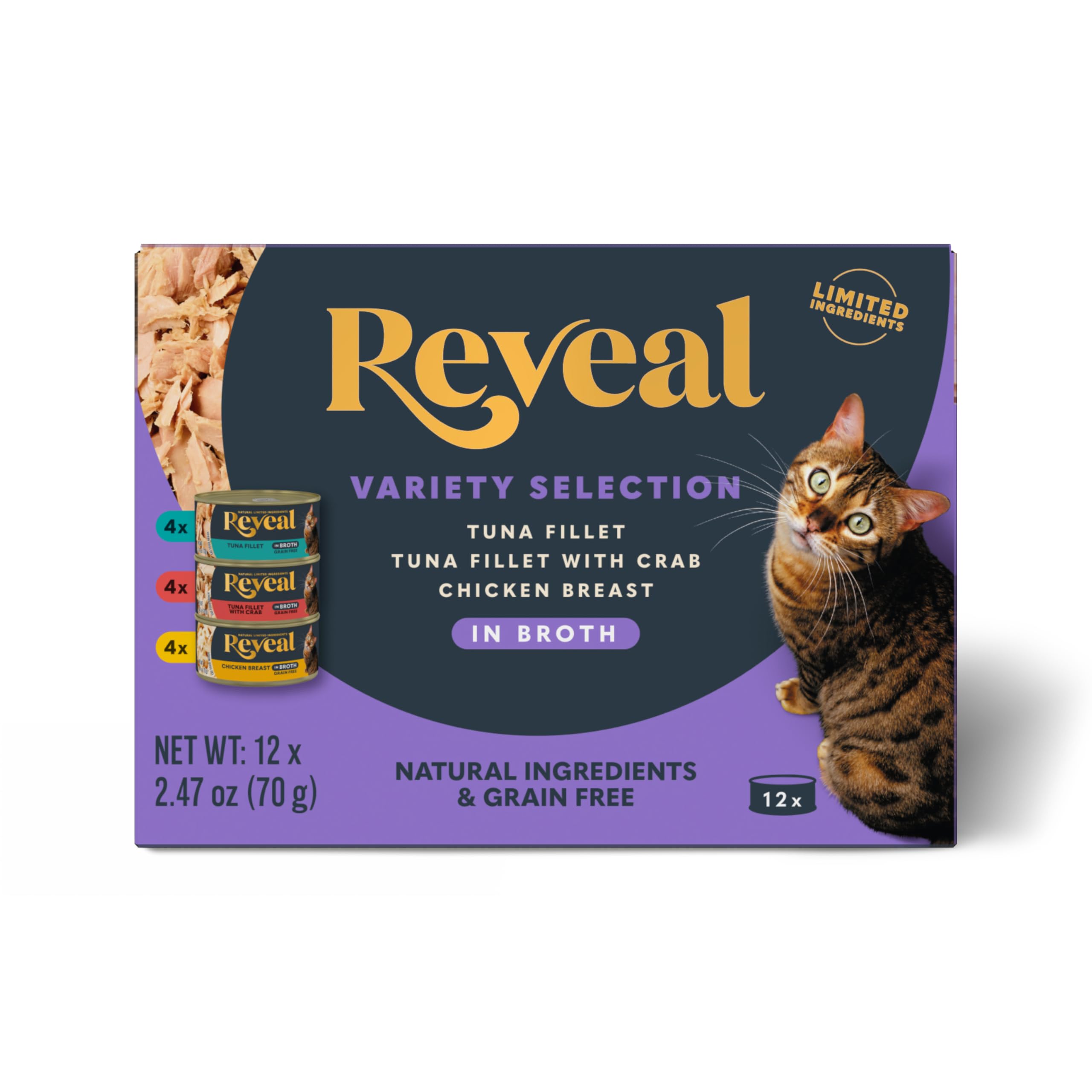 Reveal nourriture humide en conserve, variété 3 saveurs, chat satisfait et hydraté.