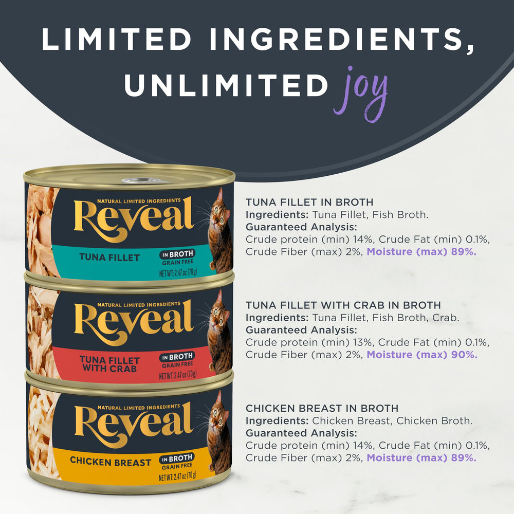 Reveal ingrédients limités, sans additifs artificiels, pour une alimentation simple et naturelle.