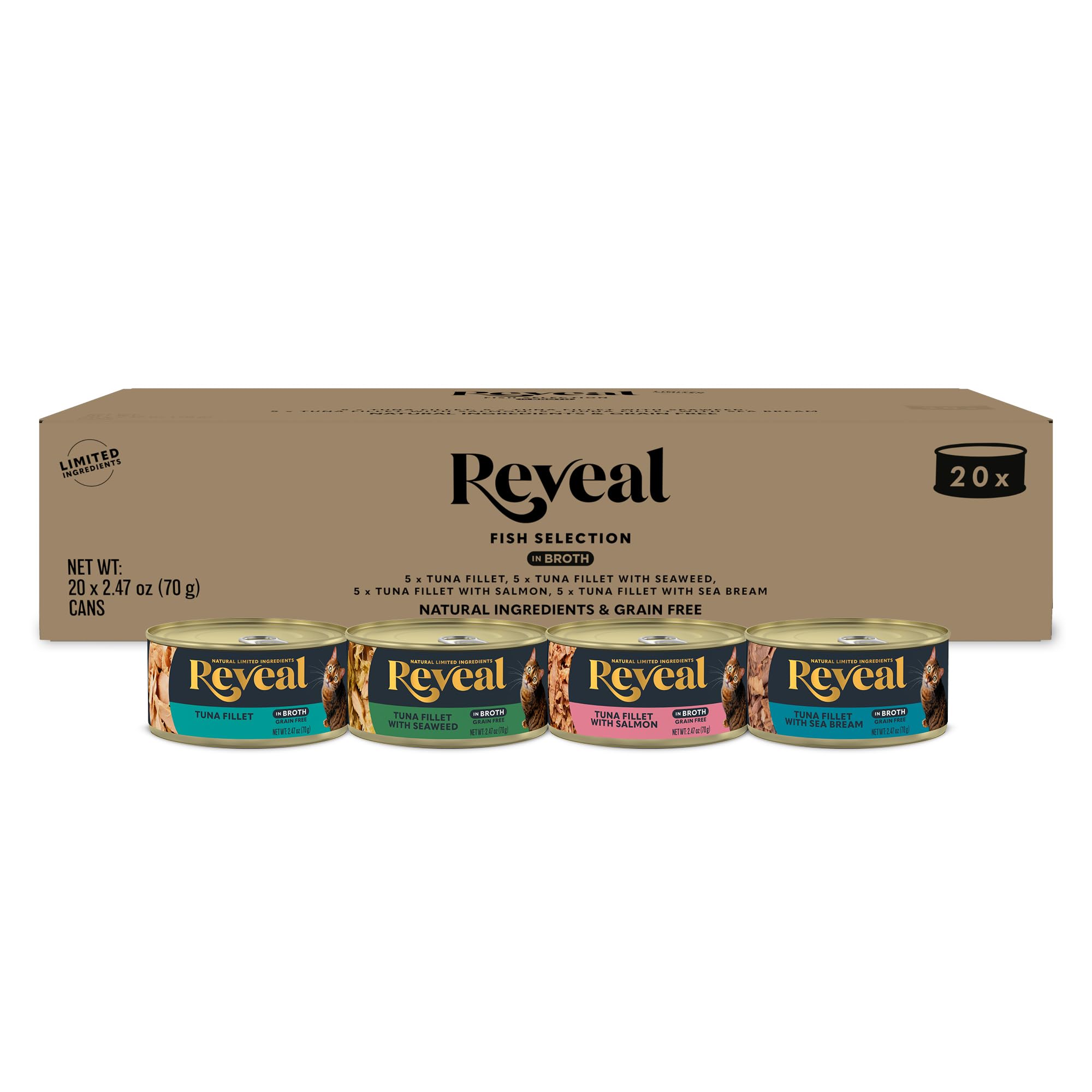 Reveal: poisson en bouillon en conserve, repas humide riche en protéines.
