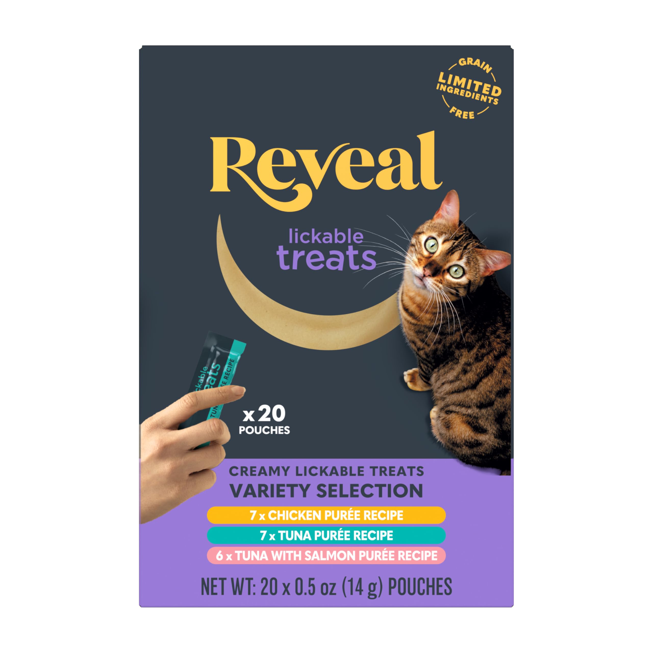 Reveal purée crèmeuse à lécher pour chats, texture veloutée et récompense naturelle.