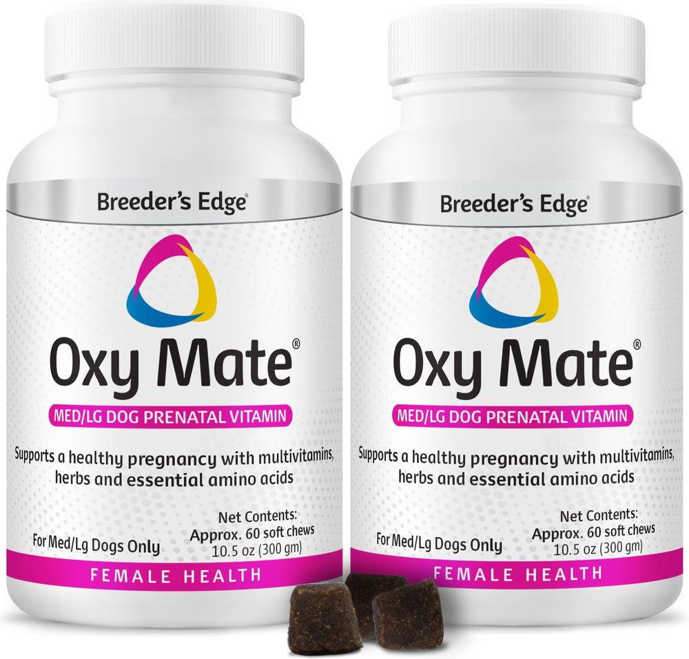 Revival Breeder's Edge Oxy Mate emballage prénatal, soutien nutritionnel pour maman et portee.