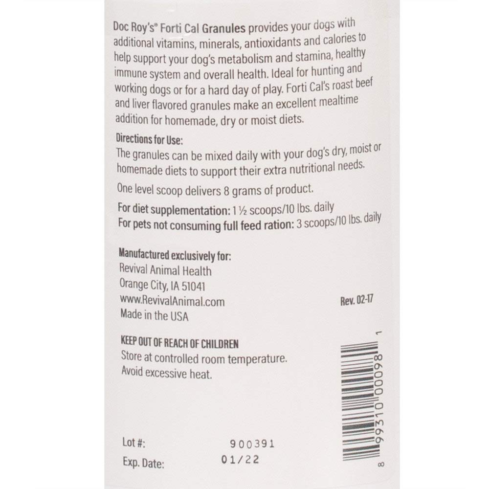 Doc Roy’s Forti Cal fabriqué aux Etats-Unis, ingrédients importés et domestiques.
