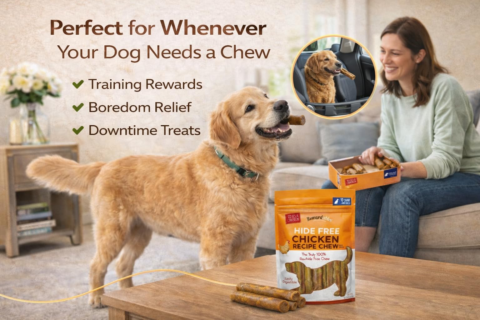 Rewardables bouchées dentaires pour grands chiens, favorisent l'hygiène bucco-dentaire naturelle.