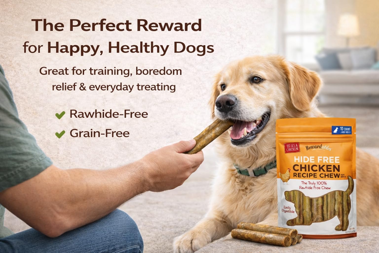 Rewardables bouchées dentaires poulet, faciles à digérer, adaptées aux chiens sensibles.