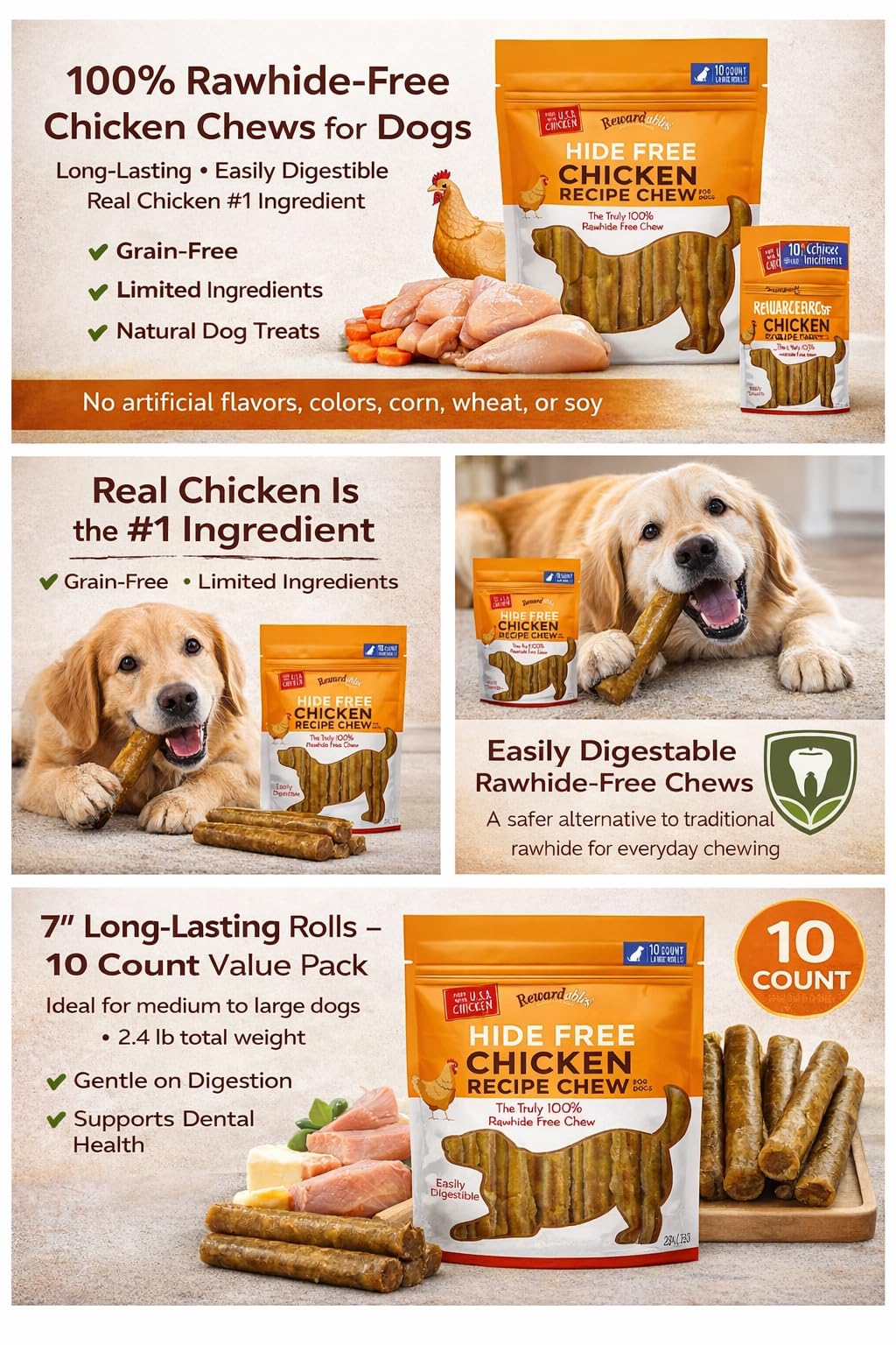 Rewardables bouchées au poulet sans rawhide, sans céréales, pour une digestion plus sereine.