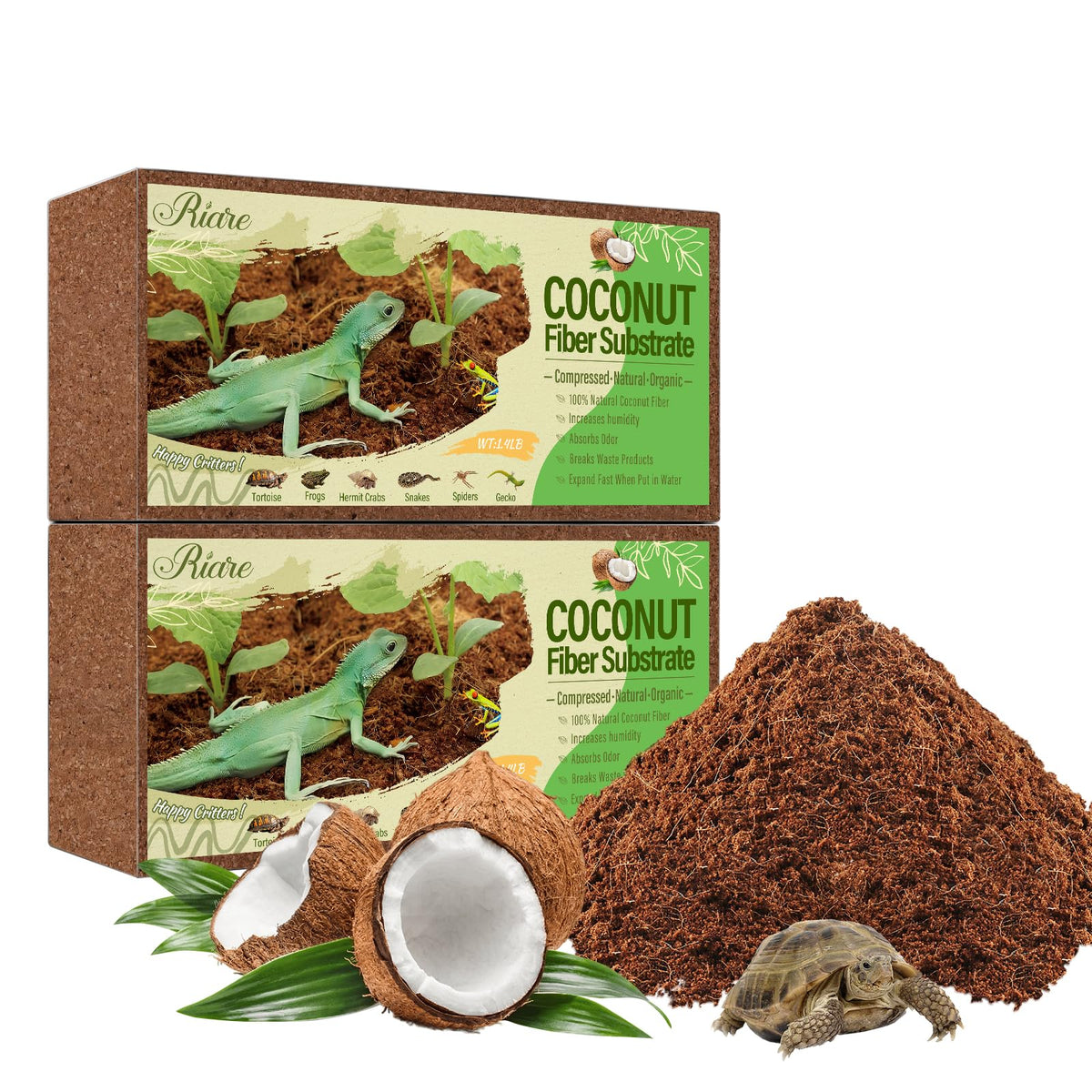 Brique de coco Riare pour terrarium, gonfle rapidement et offre un habitat sain.