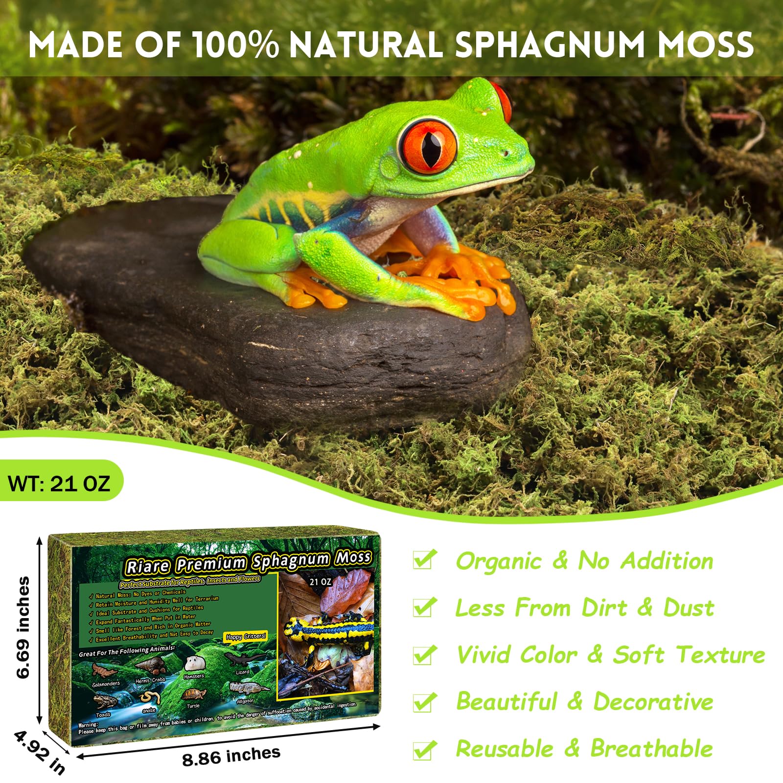 Riare mousse sphagnum absorbante, améliore l'humidité du terrarium.