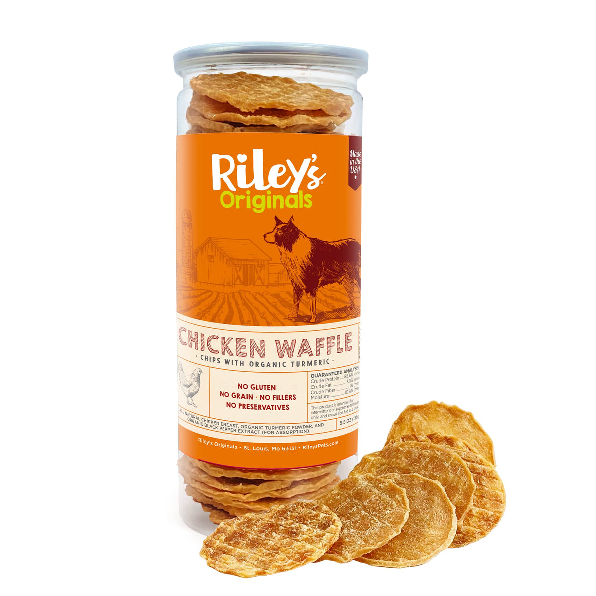 Riley's gaufres poulet d'origine américaine sur emballage, idéal comme récompense croquante.
