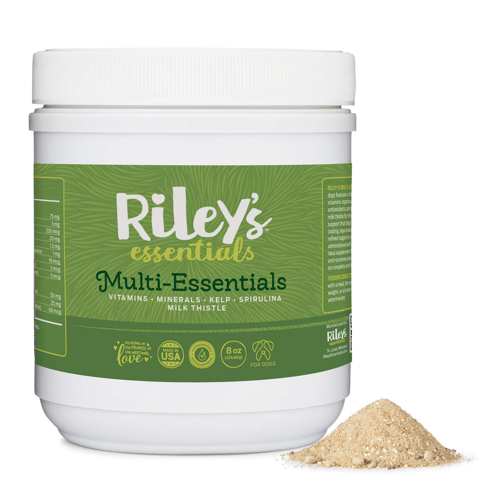 Riley's Multi-Essentials en poudre pour chiens, soutien nutritionnel quotidien.