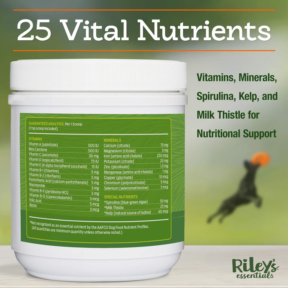 Riley's Multi-Essentials avec spiruline et algue, apports minéraux naturels.