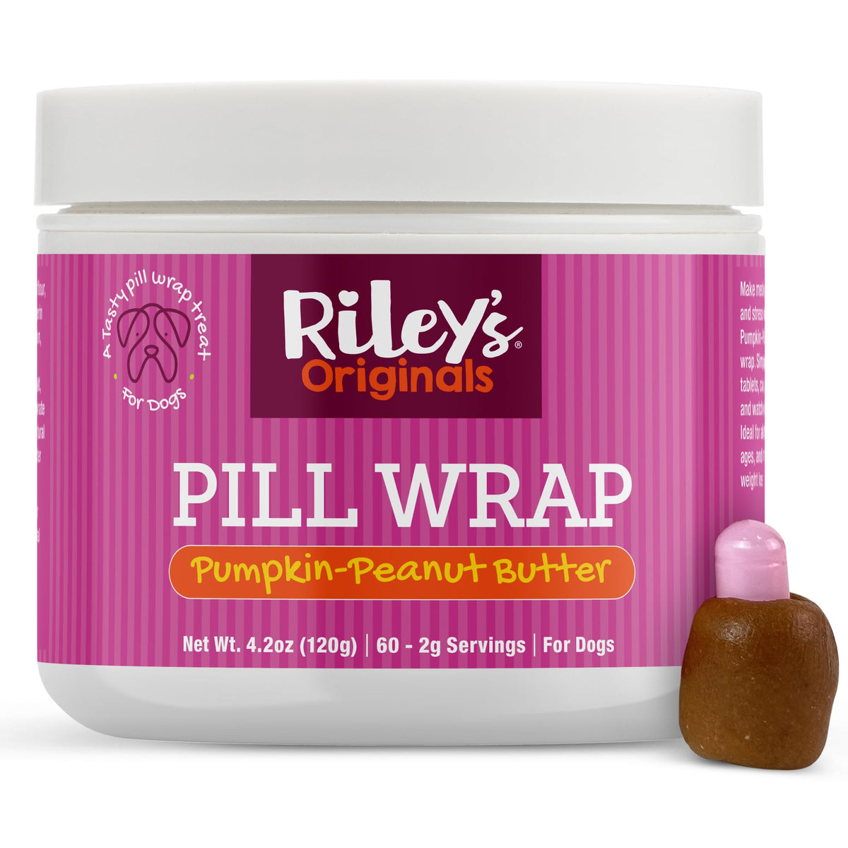 Riley's Pill Wrap pour chien: pâte citrouille et cacahuète enrobant une pilule.