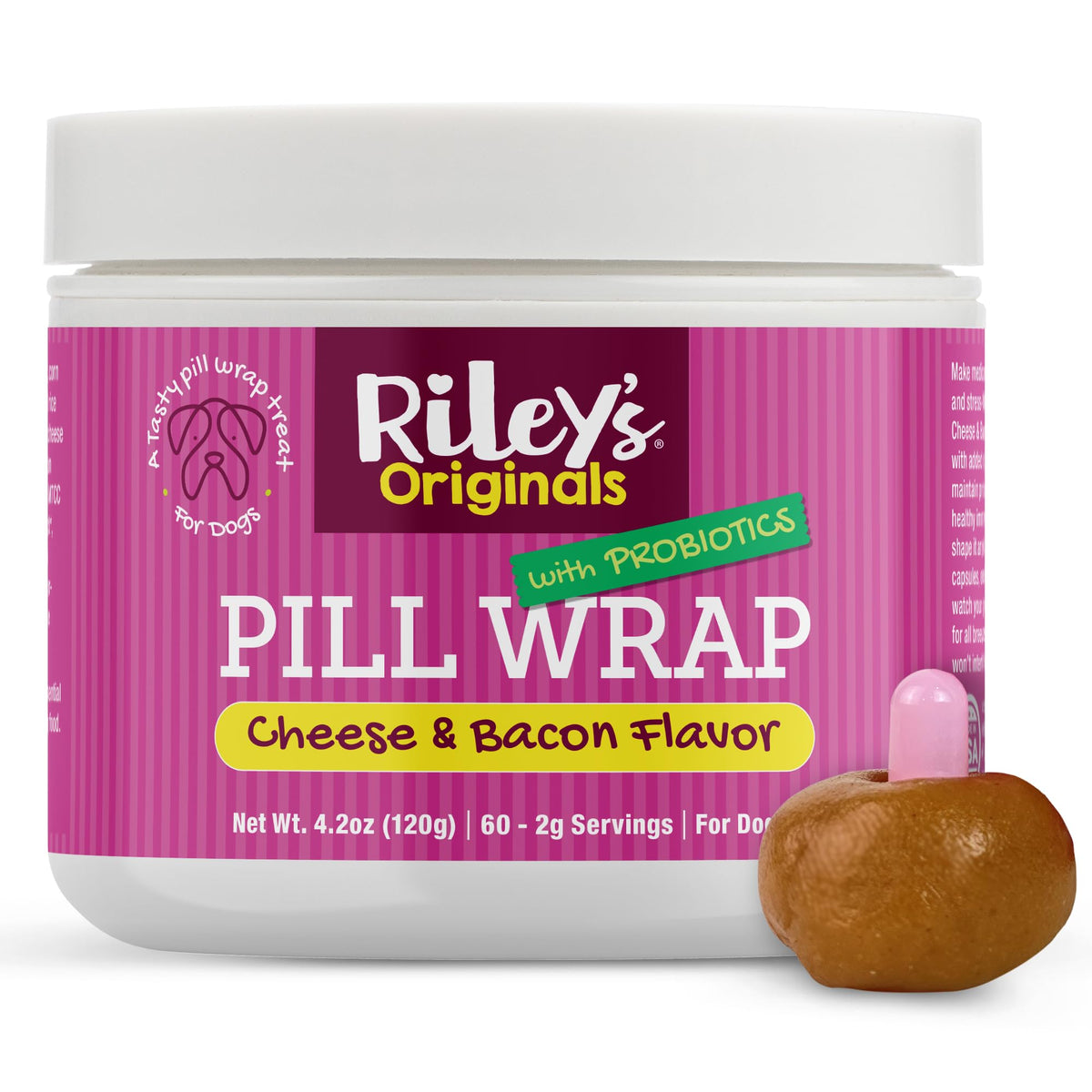 Riley's Pill Wrap pâte fromage-bacon dans un pot pratique pour masquer les pilules.