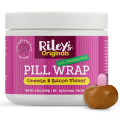 Riley's Pill Wrap pâte fromage-bacon dans un pot pratique pour masquer les pilules.